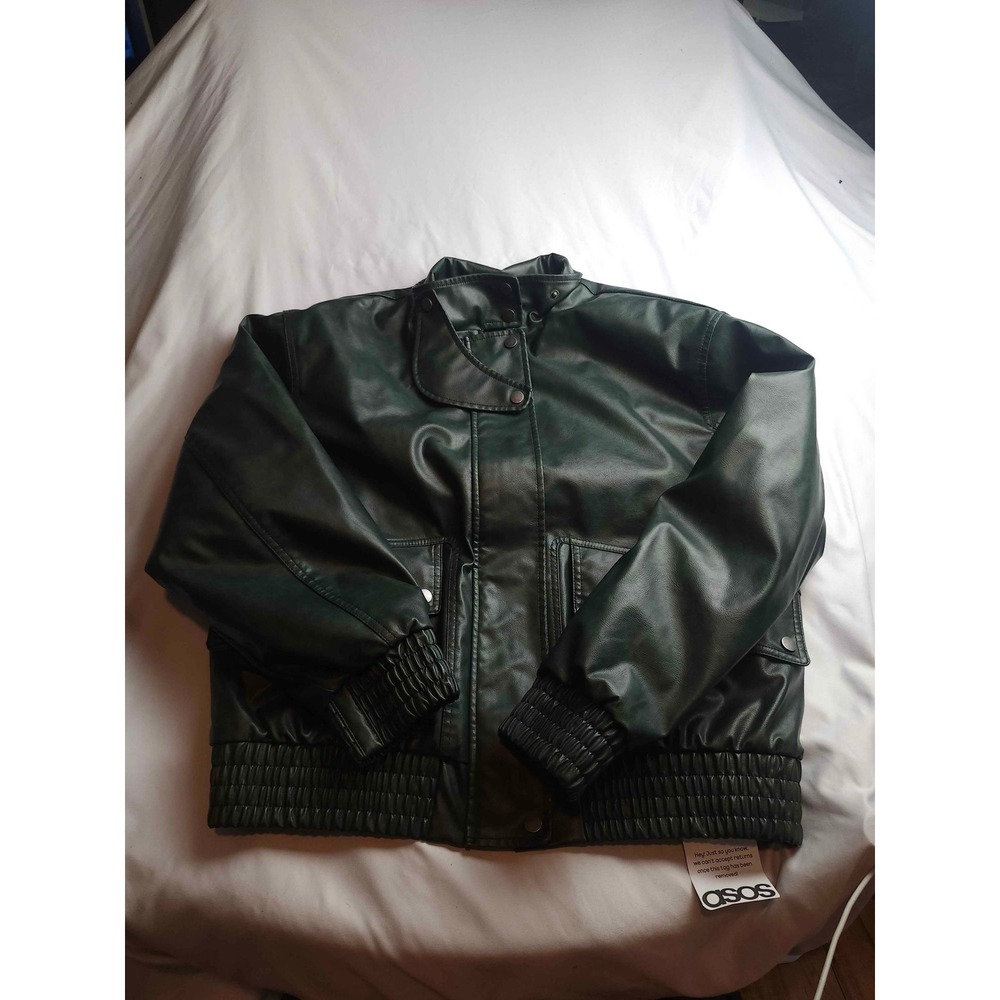 Topshop Faux Leather Bomber Jacket Forest Green Quilted Lining US 4-6 S Womens